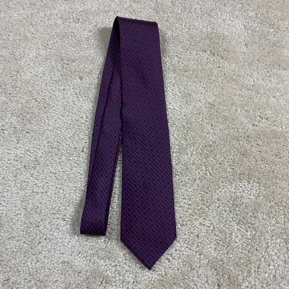 VTG Hermes Paris Mens Silk Tie Navy Blue Red Chain Link Geometric France Preppy